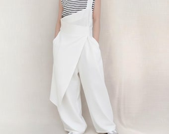 Asymmetrical Linen Jumpsuit Women, Loose Wide Leg, Minimalist One Strap Pants, Drape Summer Outfit