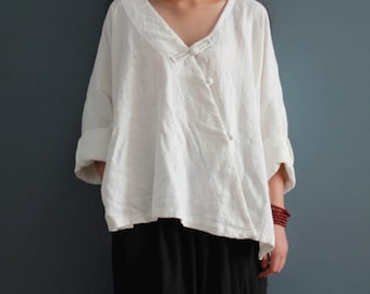 Women Loose Linen Blouse, Plus Size Clothing, Linen Shirt, Spring Clothing, Simple Linen Tops