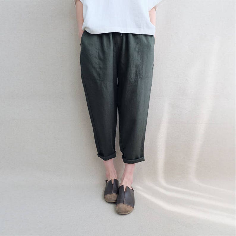 Linen Cropped Pants Handmade Capris Lounge Wear Elastic Waist Pants, Linen Elegant Pants Harem Pants Summer Pants Casual Pants Women image 2