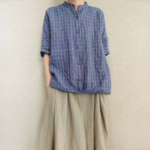 Checkered Linen Blouse: Women&#39;s Asymmetrical Gingham Top