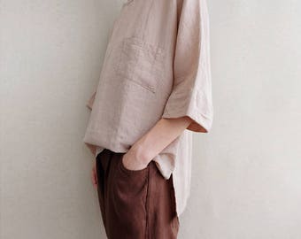 Leisure Soft Linen Blouse Round Neck T-shirt Asymmetrical Tops, Vintage Linen Shirt Summer Blouse, Simple Linen Blouse Women