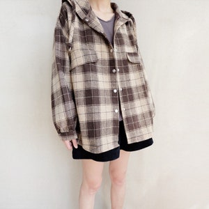 Women Vintage Woolen Blouse Hooded Plaid Thick Shirt Jacket, Comfortable Autumn Jackets With Snap