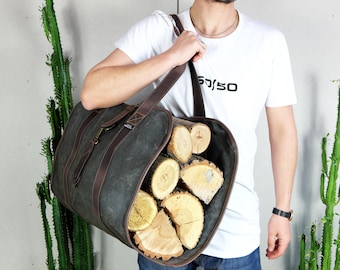 Leñero de lona encerada: asas de cuero, bolsa de leña personalizada