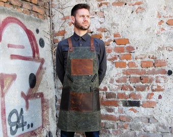 Gewachste Canvas Kochschürze: Personalisierte Ledertaschen, Barkeeper Geschenk