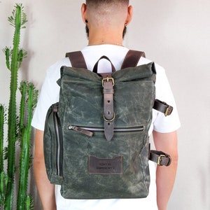 Waxed Canvas Roll Top Backpack: Leather Urban Travel Rucksack