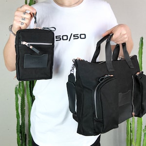 Sac messager en toile noire avec poche amovible et pochette Trolley, sac bandoulière en toile pour ordinateur portable 16 pouces, sac d'affaires personnalisé décontracté pour homme