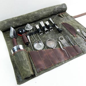 Cadeaux de luxe pour barman, rouleau à outils de kit de mixologue robuste en toile imperméable faite main, sac utilitaire de voyage pour barman, sac pour équipement de bar mobile