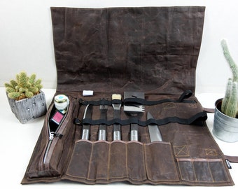 personalized bbq gift set, aesthetic bbq custom gift, handmade bbq tool roll, waxed canvas summer house grill accessoires, outdoor grill set