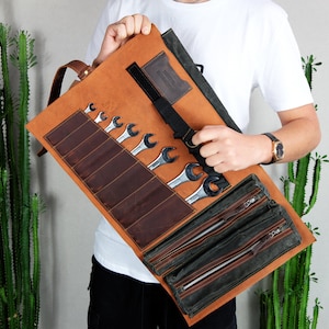 Personalized Canvas Tool Roll Up Bag: Waterproof Work Bag, Leather Accents