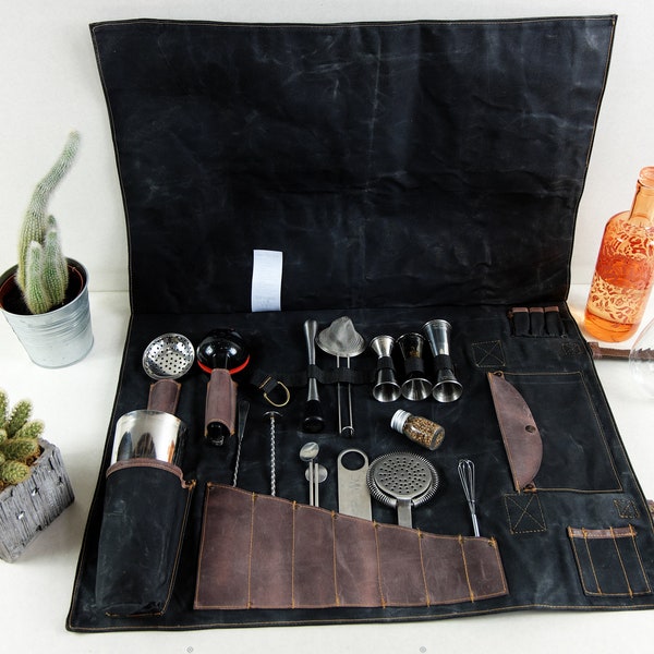 Étui portable pour kit de cocktail, rouleau de couteaux de barman en toile cirée avec poche pour shaker, très grand sac de rangement d'outils de 28 pouces pour barman