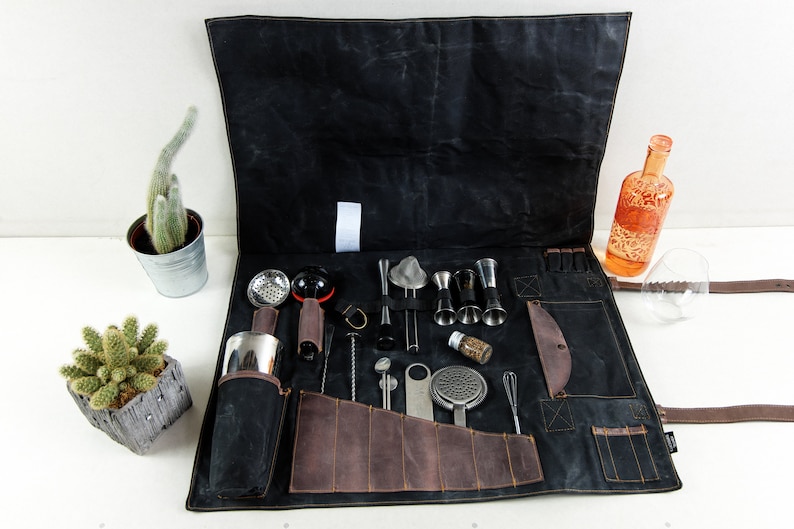 Portable Cocktail Kit Case, Waxed Canvas Bartender Knife Roll with Shaker Pocket, Extra Large 28 Tool Organizer Bag for Bartenders Barista Black waxed canvas