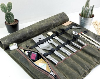 Personalized Waxed Canvas BBQ Tool Roll, Grill Master Gift