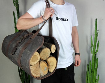 Porta leña de lona encerada: Bolsa para leña personalizada con asas de cuero