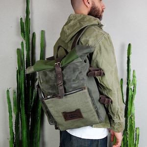 Oil Cloth Military Backpack, Waterproof Roll Top Waxed Canvas Rucksack, Heavy Duty Carry On Travel Bag, Grunge Streetwear Aesthetic backpack image 5