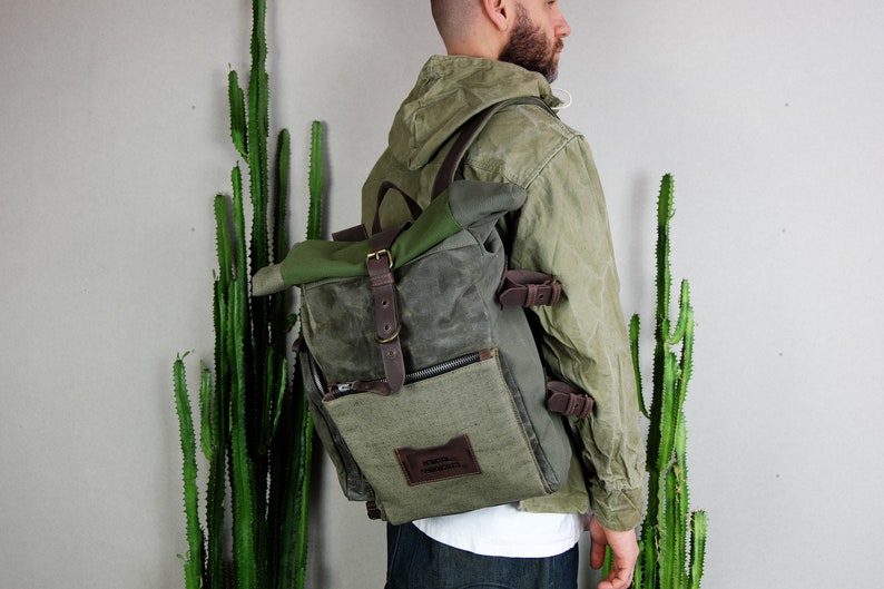 Oil Cloth Military Backpack, Waterproof Roll Top Waxed Canvas Rucksack, Heavy Duty Carry On Travel Bag, Grunge Streetwear Aesthetic backpack image 5