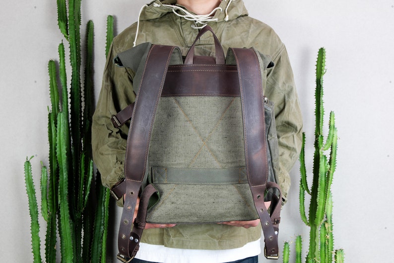 Oil Cloth Military Backpack, Waterproof Roll Top Waxed Canvas Rucksack, Heavy Duty Carry On Travel Bag, Grunge Streetwear Aesthetic backpack image 2