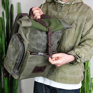 Oil Cloth Military Backpack, Waterproof Roll Top Waxed Canvas Rucksack, Heavy Duty Carry On Travel Bag, Grunge Streetwear Aesthetic backpack image 3