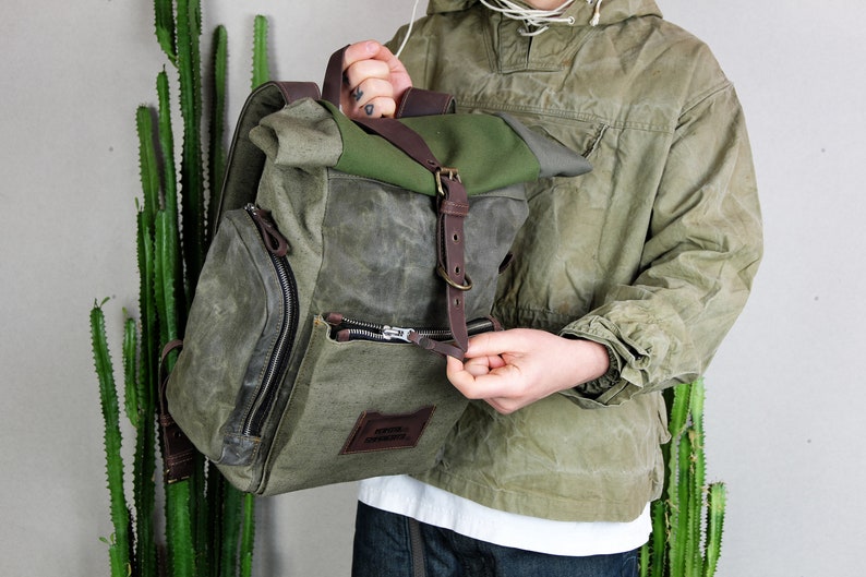 Oil Cloth Military Backpack, Waterproof Roll Top Waxed Canvas Rucksack, Heavy Duty Carry On Travel Bag, Grunge Streetwear Aesthetic backpack image 3