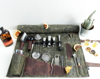 Personalized Bartender Tool Roll, Waxed Canvas & Leather, Father's Day Gift