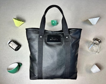 Handmade Black Shagreen Leather Tote Bag: Minimalist Shoulder Bag