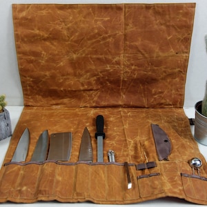 Bolsa durável para rolo de faca de chef, lona e couro à prova d'água, alça de ombro ajustável removível, alça superior, organizador de utensílio portátil