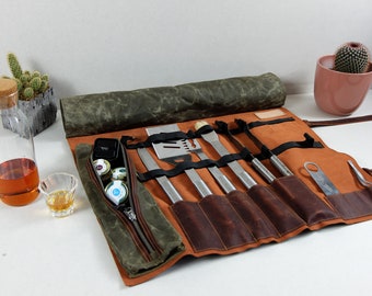 Grill Utensils Storage Bag, Outdoor Barbecue Accessories and Knife Roll, Personalized Gift for Men, Waxed Canvas, Spice Pocket with Zipper