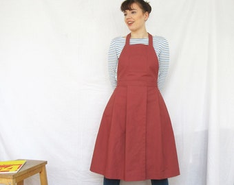 Pleated, Split Leg Apron for Potters, Artists & Makers. Canvas Tie Apron with 3 Pockets. Gift for Potters. Dusty Red Terracotta No14:2