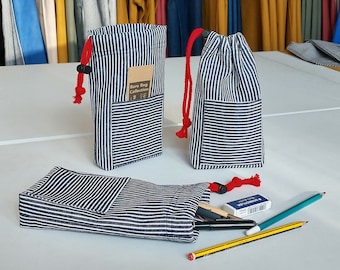 Stripe Denim Bag with Red Drawstring, for Phone, Tools, Travel Pouch. Upcycled Fabric. Unisex Gift for Men & Women. navy/white 004