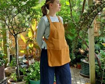 Harvest Pouch Apron with Easy-to-Wear Cross Back Straps for Gardeners. Golden Ochre Canvas
