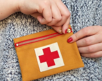 Mini First Aid Bag, Handmade and Hand Appliquéd using Upcycled Fabrics an Eco Conscious Gift. Travel Pouch for Meds, Ouch Pouch. 005 Ochre