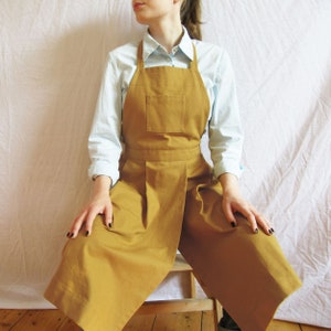 Pottery Apron. Pleated Canvas Pinafore with Split Leg Skirt and Pockets. Christmas Gift For Potters, Artists & Makers. Ochre No14:2