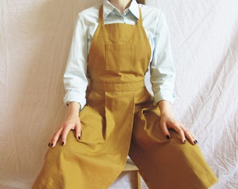 Pottery Apron. Pleated Canvas Pinafore with Split Leg Skirt and Pockets. Christmas Gift For Potters, Artists & Makers. Ochre No14:2