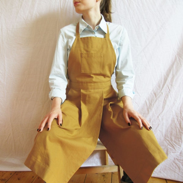 Pottery Apron. Pleated Canvas Pinafore with Split Leg Skirt and Pockets. Christmas Gift For Potters, Artists & Makers. Ochre No14:2