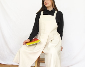 Pleated Potters Apron with Split Leg, Adjustable CrossBack Straps, 3 Pockets. Natural Undyed Canvas. for Artists, Makers, Printers No25