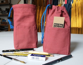 Little Tool Bag Pouch with Drawstring Top and Pocket, in Durable Cotton Canvas. Upcycled. Gift For Artists & Makers. Dusty Red 004