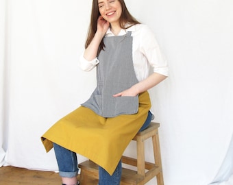 Delantal cruzado de mezclilla y lona: ropa de trabajo para artistas/creadores con bolsillos.