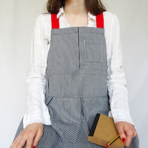 May include: A blue and white striped apron with red straps. The apron has a pocket on the front and is worn over a white shirt.