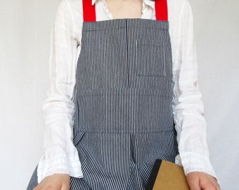 Stripe Denim Pottery Apron with Adjustable Crossback Design, Split Leg and lots of Pockets. For Artists & Craft Makers  No7.2