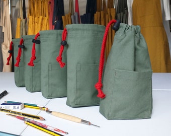 Drawstring Tool Bag in Dusty Green Upcycled Repurposed Canvas. Unisex Gifts - for Men, Friends, Dads. 004