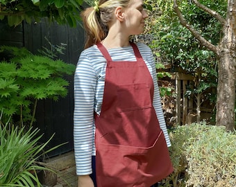 Short Harvesting Pouch Apron with Cross Back Straps - Dusky Red Cotton Canvas