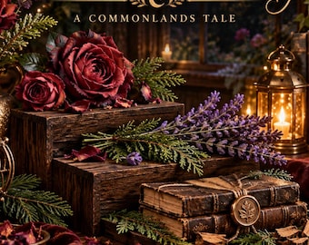 May include: A display featuring the text The Forgotten Library A Commonlands Tale and Incense Mini Story Smoky Rose Nocturne Old Books. Dark wooden steps hold deep red roses, purple lavender, and two leather-bound books with a wax seal.