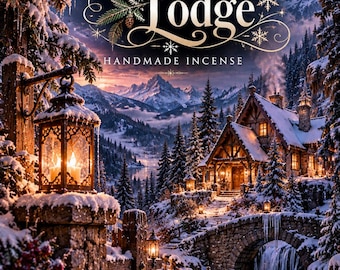 Może przedstawiać: Etykieta produktu dla ręcznie robionego kadzidła Emberlore Snowfall Lodge przedstawiająca zaśnieżony górski krajobraz z kamiennym mostem, świecącą latarnią i chatą o zmierzchu. Tekst głosi Emberlore Snowfall Lodge Handmade Incense.