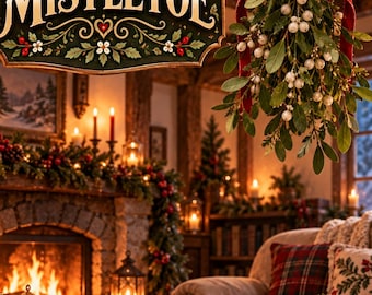 May include: A hanging sign with the text Emberlore Incense Mistletoe, featuring a dark green background with red and white floral accents. Beside it hangs a bundle of mistletoe tied with a red velvet ribbon, positioned above a cozy fireplace.