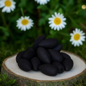 May include: A pile of black incense cones rests on a wooden slice, set against a backdrop of green foliage and white daisies with yellow centers. The cones have a smooth, matte finish.