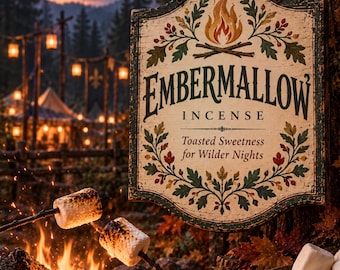 May include: A hanging wooden sign with the text Emberlore Incense, Scents for a More Enchanted World, Embermallow Incense, and Toasted Sweetness for Wilder Nights. The sign features a painted campfire, oak leaves, and berries in a rustic style.