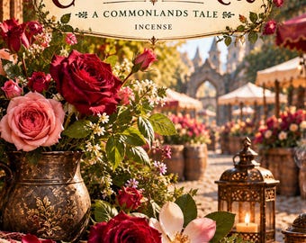 May include: A product label for Emberlore Incense Cobblestone Rose A Commonlands Tale Incense featuring a bouquet of red and pink roses in a dark metallic pitcher, a lit lantern, and an old book on a table with scattered rose petals.