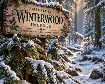 Może przedstawiać: Prostokątny drewniany znak przymocowany do pnia drzewa w zaśnieżonym lesie. Znak zawiera napis Emberlore Winterwood Incense, Evergreen & Herbal Forest Scent oraz małe ilustracje gałązek sosnowych po obu stronach.