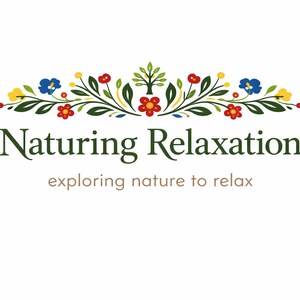 May include: Logo for "Naturing Relaxation" featuring a floral design with red, blue, and yellow flowers, green leaves, and a small tree. The text reads "Naturing Relaxation" above "exploring nature to relax" in a serif font.