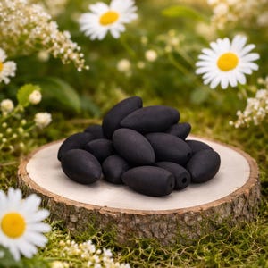 May include: A collection of black, oval-shaped incense cones arranged on a natural wood slice. The cones are set against a backdrop of green moss, daisies, and other wildflowers, creating a natural, earthy aesthetic.