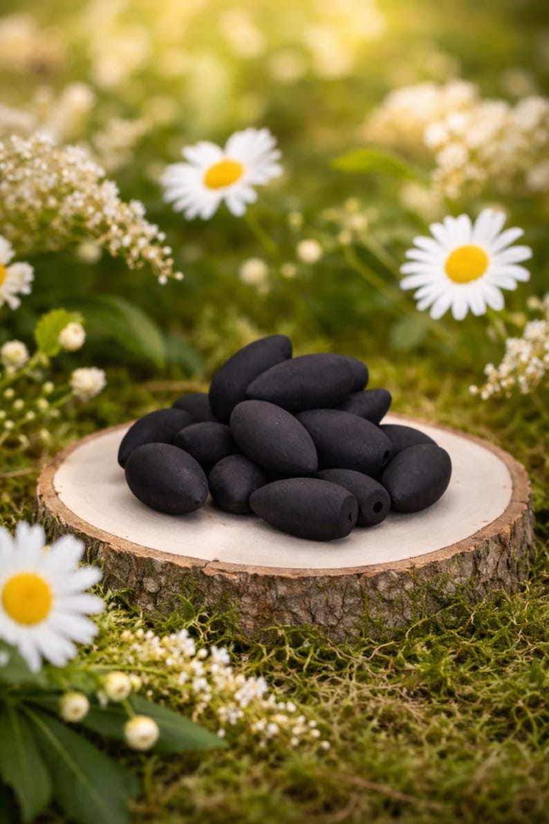 May include: A collection of black, oval-shaped incense cones arranged on a natural wood slice. The cones are set against a backdrop of green moss, daisies, and other wildflowers, creating a natural, earthy aesthetic.
